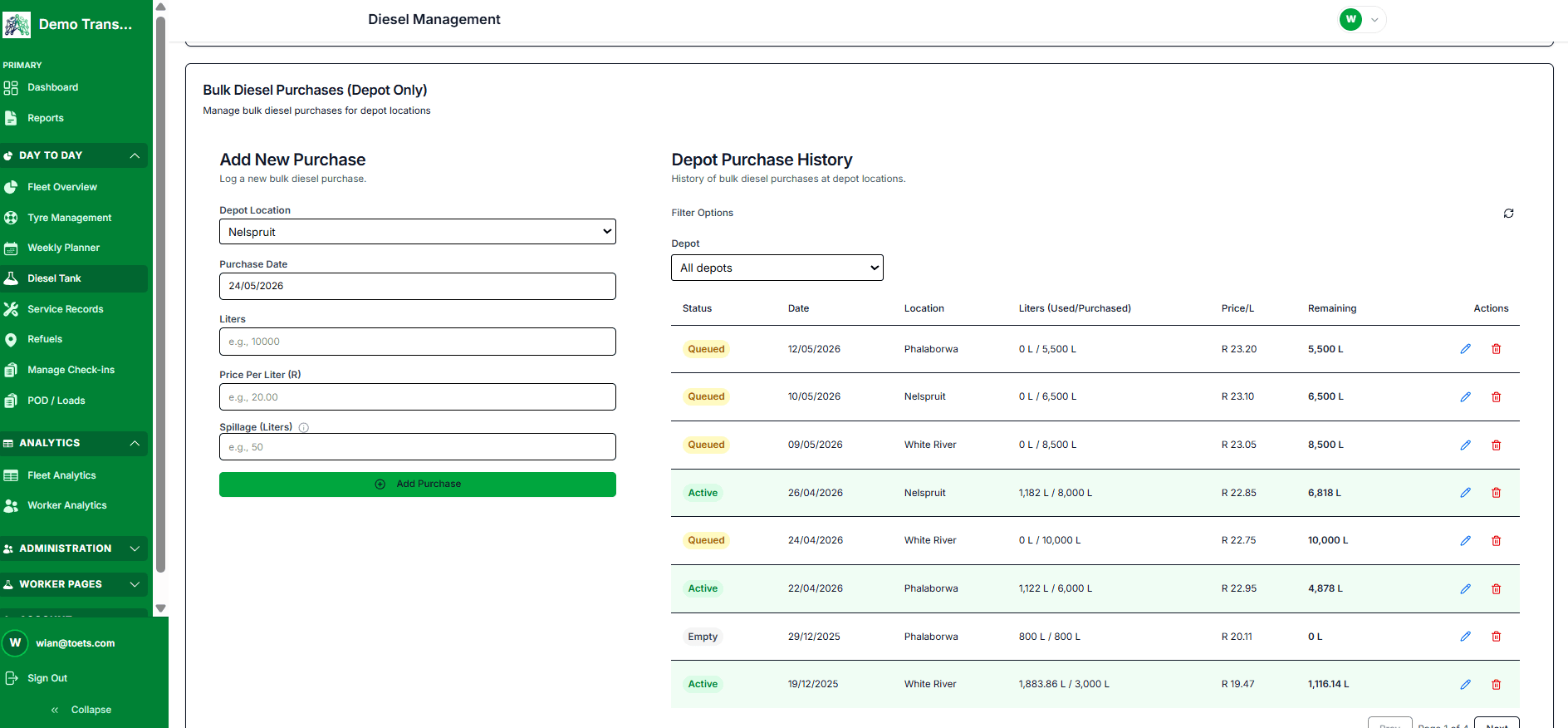 Adaptix depot screen tracking bulk diesel purchases and remaining litres per depot