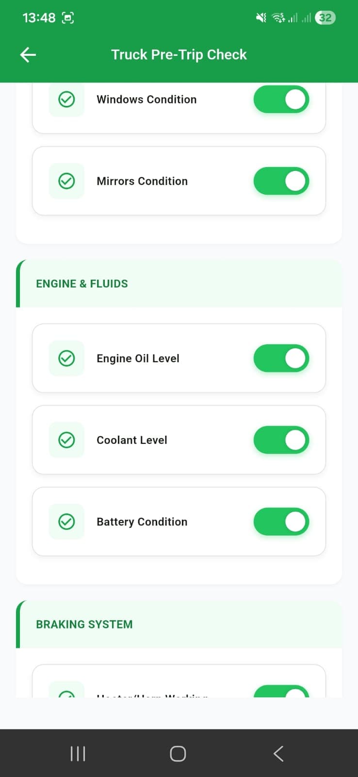 Adaptix driver app showing the Truck Pre-Trip Check screen with large buttons