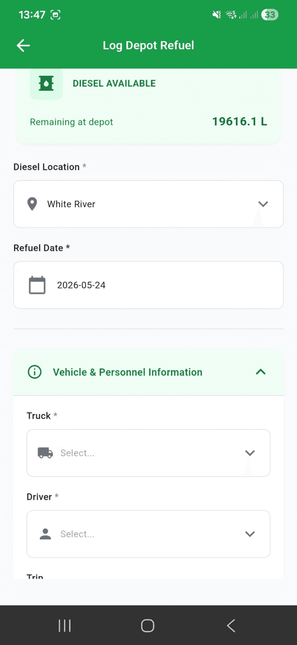 Adaptix driver app showing the Log Depot Refuel screen