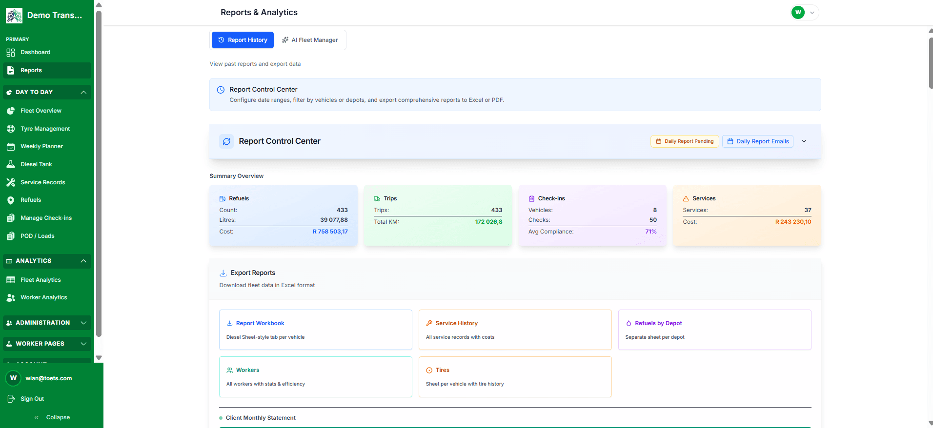 Adaptix report workbook showing service history, refuels by depot, workers, tyres, and client monthly statement