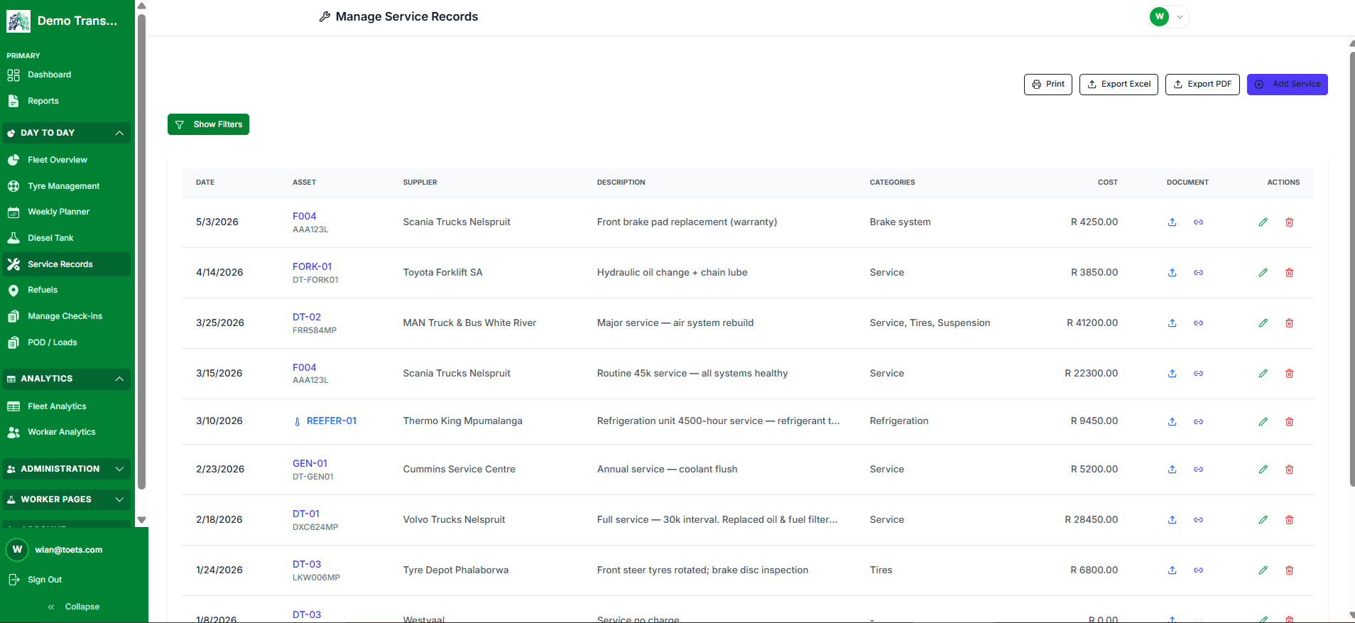 Adaptix service records per vehicle with costs and attached documents