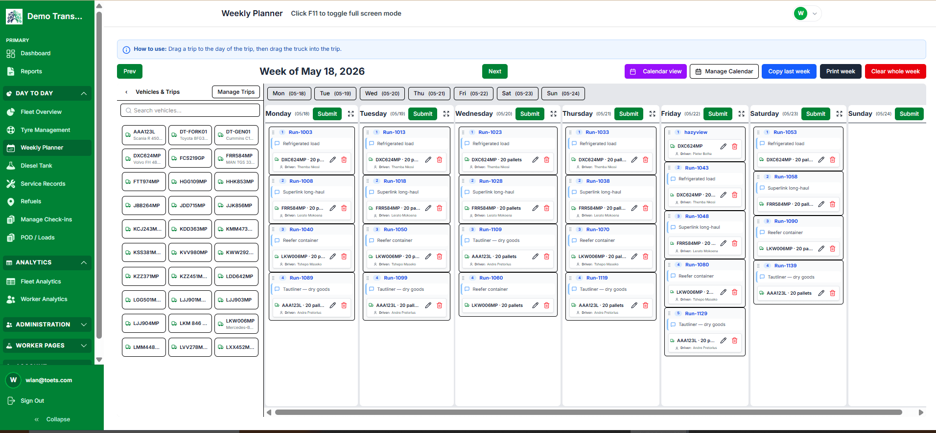 Adaptix weekly planner with drag-and-drop trip and truck scheduling
